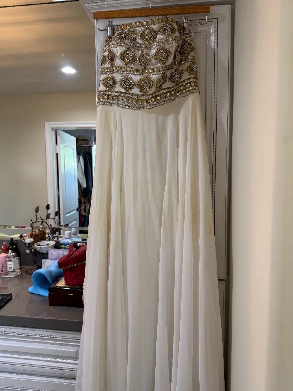 Strapless White and Gold Prom Dress Size 10